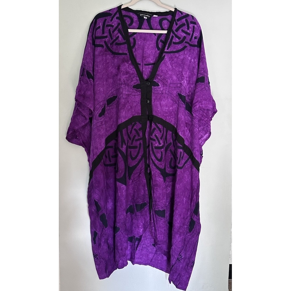 Women's Purple Tie Dye Batik Kaftan Boho Art To Wear OS Lagenlook Cover Up Beach